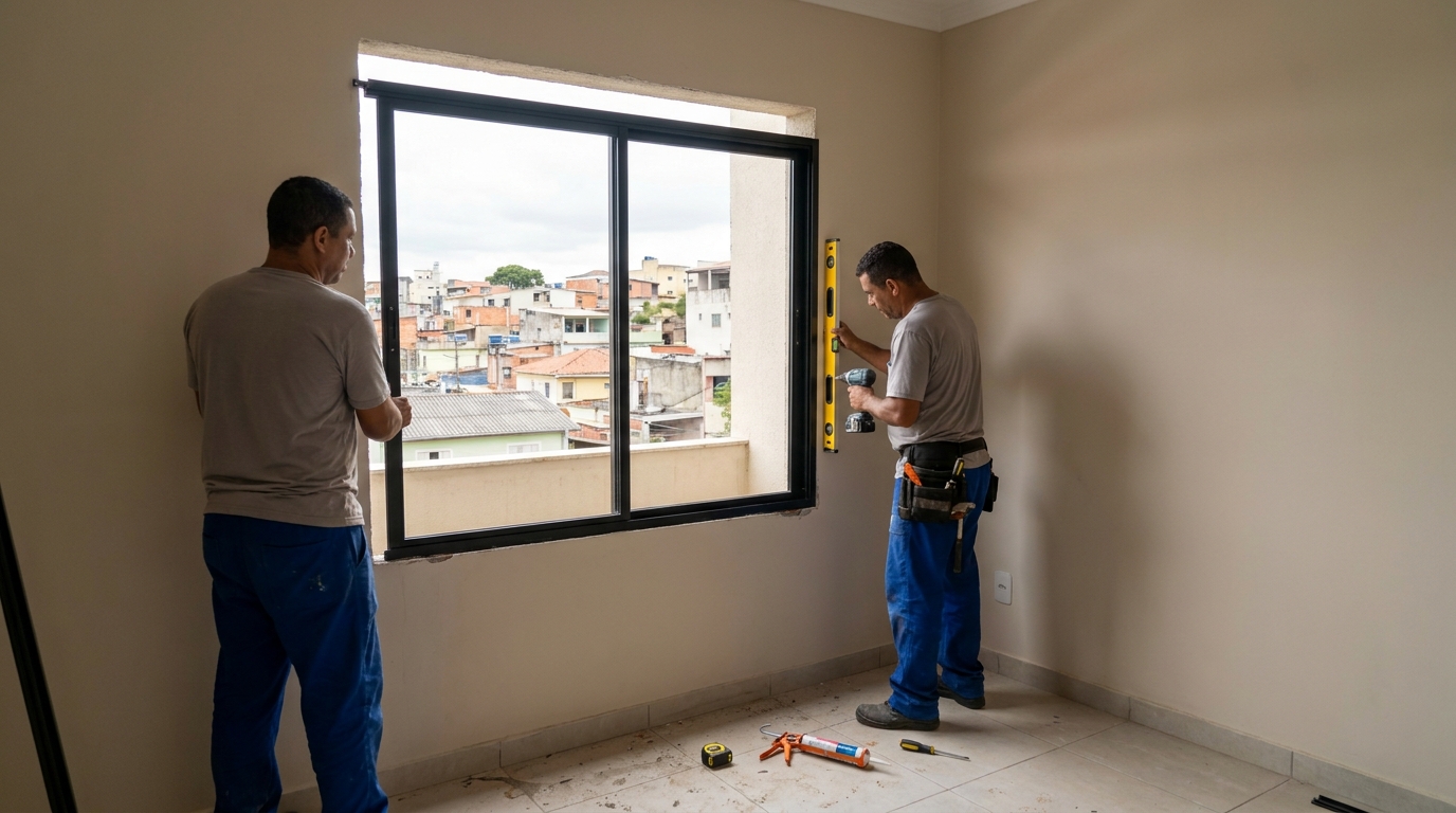 Esquadria de alumínio em quarto bege em Taubaté-SP