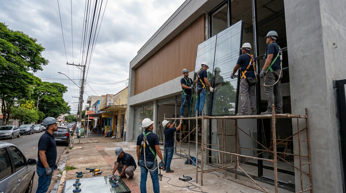 Fachada de vidro com andaime lateral em Taubaté-SP