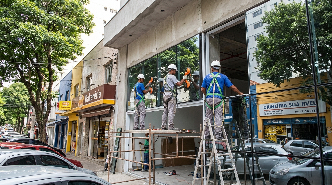 Fachada de vidro com confeitaria vizinha em Taubaté-SP