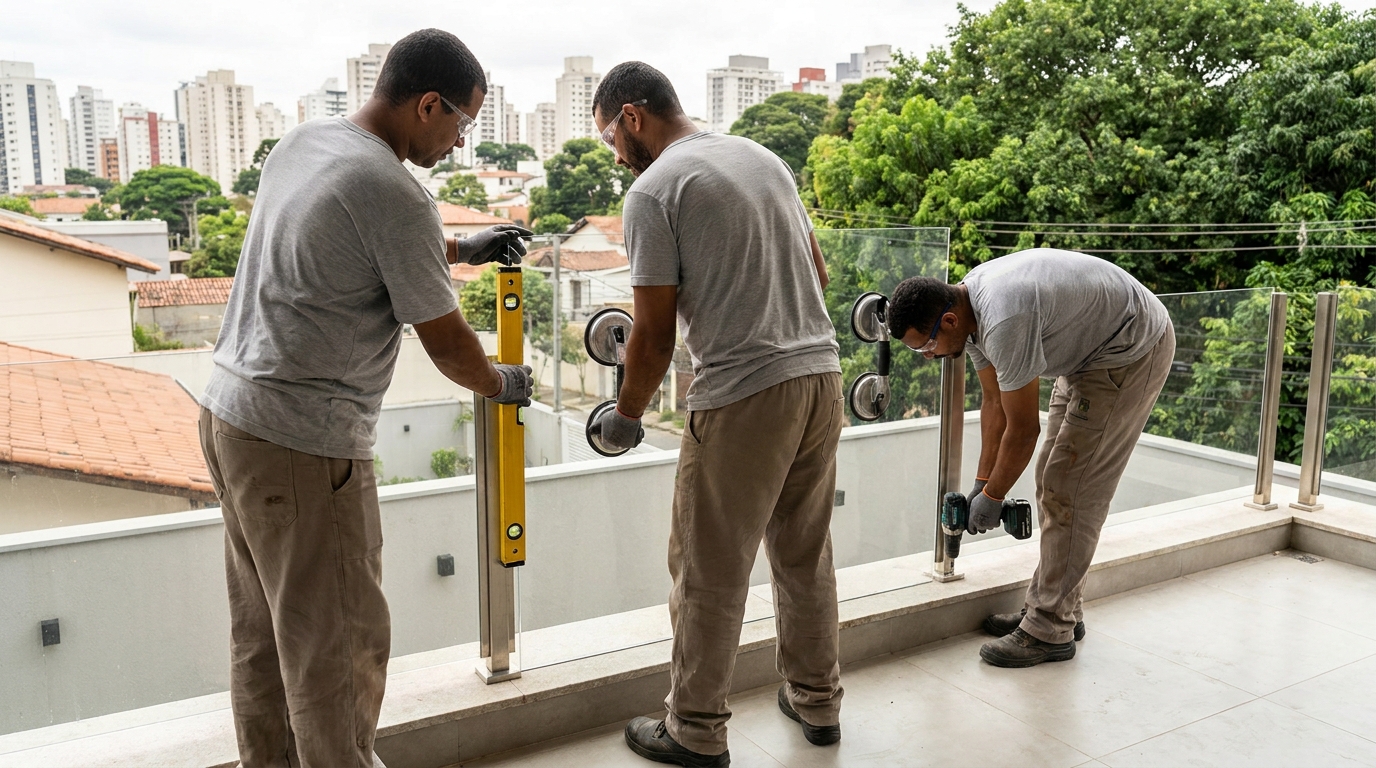 Guarda-corpo em terraço alto com vista cidade em Taubaté-SP