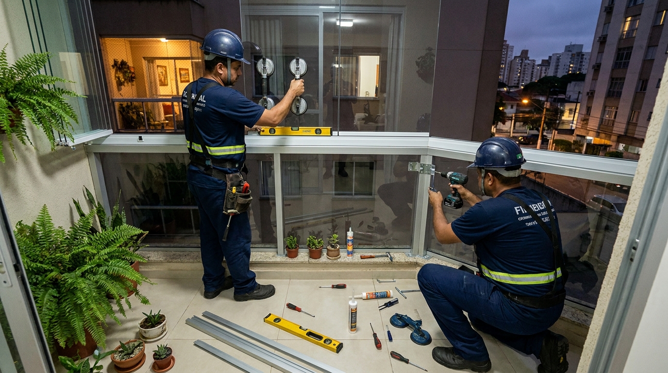 Instalação noturna de parede de vidro em Taubaté-SP